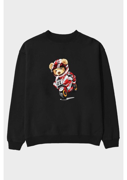 Teddy Bear Racer Ön Baskılı Siyah Oversize Sweatshirt Erkek Kadın Bisiklet Yaka