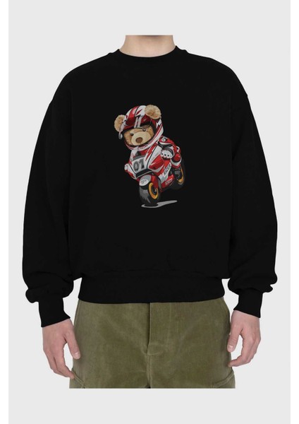 Teddy Bear Racer Ön Baskılı Siyah Oversize Sweatshirt Erkek Kadın Bisiklet Yaka fiyatları