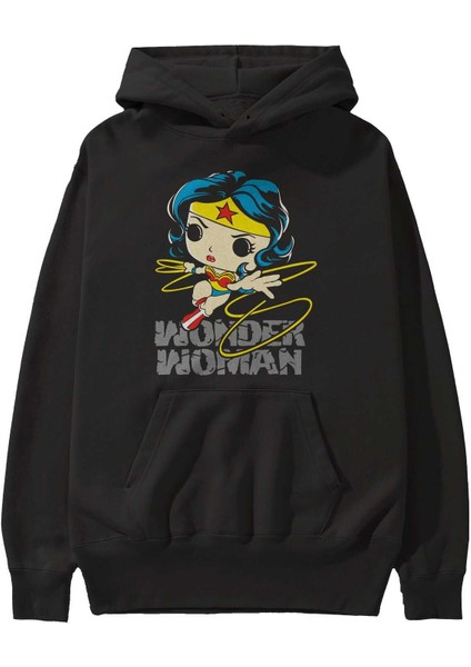 Wonder Woman Ön Baskılı Siyah Oversize Kapüşonlu Sweatshirt Erkek Kadın fiyatları