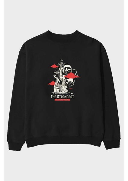 The Strongest Yazılı Ön Baskılı Siyah Oversize Sweatshirt Erkek Kadın Bisiklet Yaka