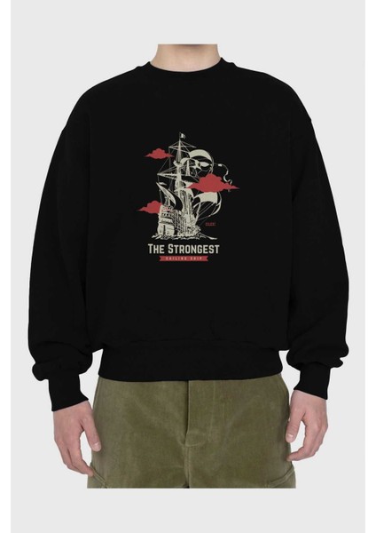 The Strongest Yazılı Ön Baskılı Siyah Oversize Sweatshirt Erkek Kadın Bisiklet Yaka fiyatları