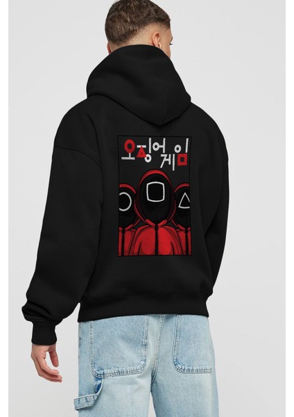 Squid Game (7) Arka Baskılı Siyah Oversize Kapüşonlu Sweatshirt Erkek Kadın