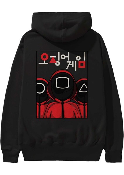 Squid Game (7) Arka Baskılı Siyah Oversize Kapüşonlu Sweatshirt Erkek Kadın