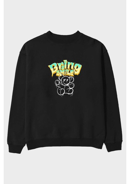 Teddy Bear Braing Smile Ön Baskılı Siyah Oversize Sweatshirt Erkek Kadın Bisiklet Yaka