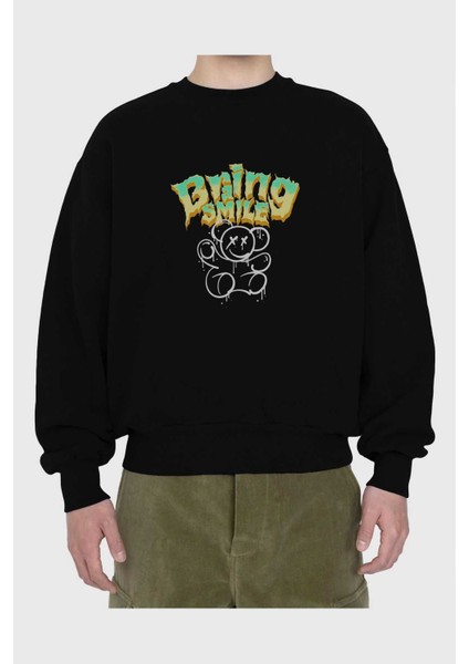 Teddy Bear Braing Smile Ön Baskılı Siyah Oversize Sweatshirt Erkek Kadın Bisiklet Yaka fiyatları