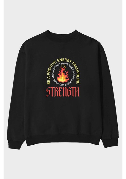 Positive Energy Ön Baskılı Siyah Oversize Sweatshirt Erkek Kadın Bisiklet Yaka