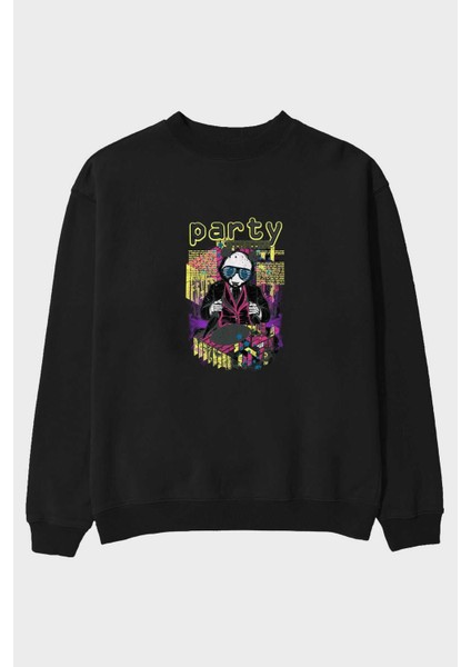 Party Starter Ön Baskılı Siyah Oversize Sweatshirt Erkek Kadın Bisiklet Yaka