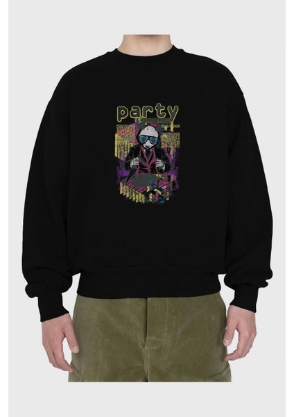 Party Starter Ön Baskılı Siyah Oversize Sweatshirt Erkek Kadın Bisiklet Yaka fiyatları