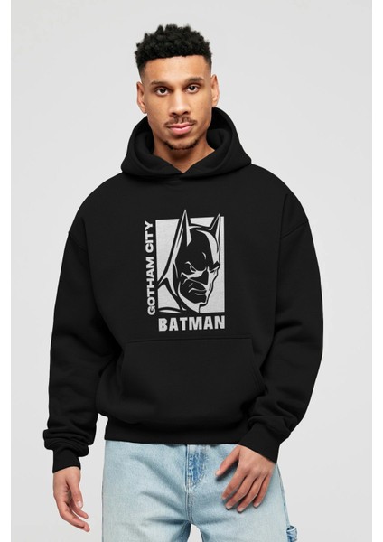 Batman (17) Ön Baskılı Siyah Oversize Kapüşonlu Sweatshirt Erkek Kadın
