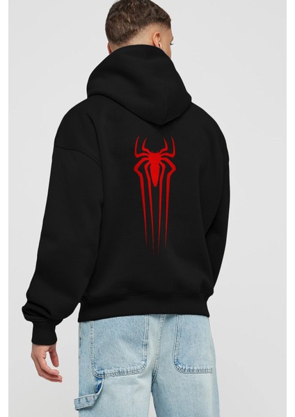 Spiderman 2 Arka Baskılı Siyah Oversize Kapüşonlu Sweatshirt Erkek Kadın