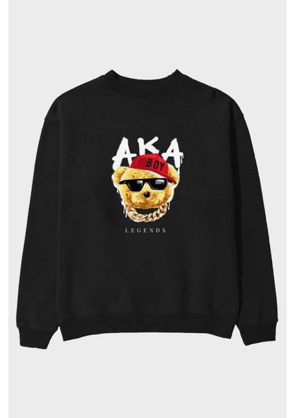 Teddy Bear Legends Ön Baskılı Siyah Oversize Sweatshirt Erkek Kadın Bisiklet Yaka