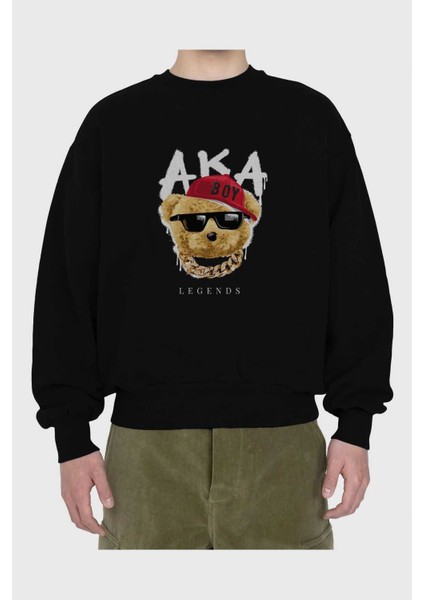 Teddy Bear Legends Ön Baskılı Siyah Oversize Sweatshirt Erkek Kadın Bisiklet Yaka fiyatları