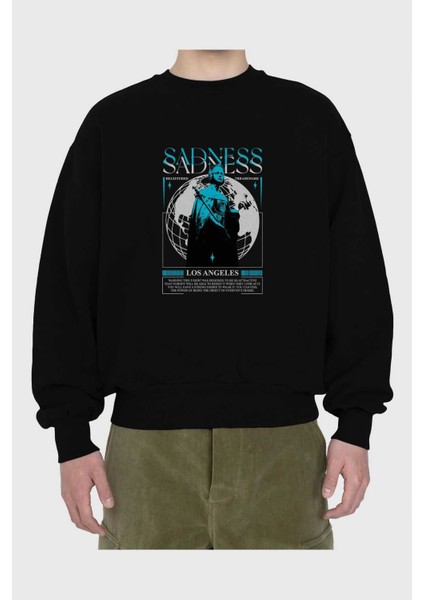Sadness Los Angeles Ön Baskılı Siyah Oversize Sweatshirt Erkek Kadın Bisiklet Yaka fiyatları