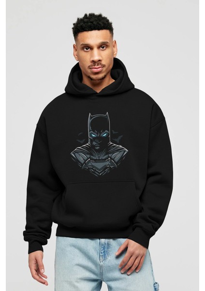 Batman (8) Ön Baskılı Siyah Oversize Kapüşonlu Sweatshirt Erkek Kadın