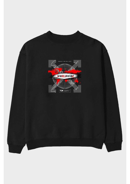Worldwide Style Ön Baskılı Siyah Oversize Sweatshirt Erkek Kadın Bisiklet Yaka