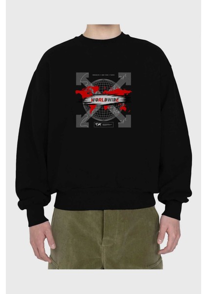 Worldwide Style Ön Baskılı Siyah Oversize Sweatshirt Erkek Kadın Bisiklet Yaka fiyatları