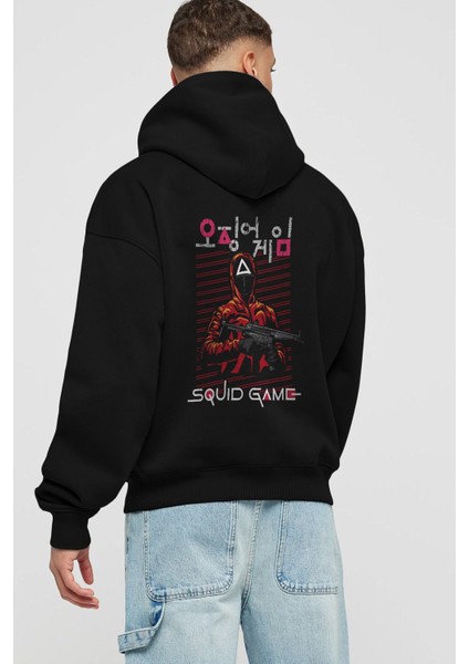 Squid Game (2) Arka Baskılı Siyah Oversize Kapüşonlu Sweatshirt Erkek Kadın