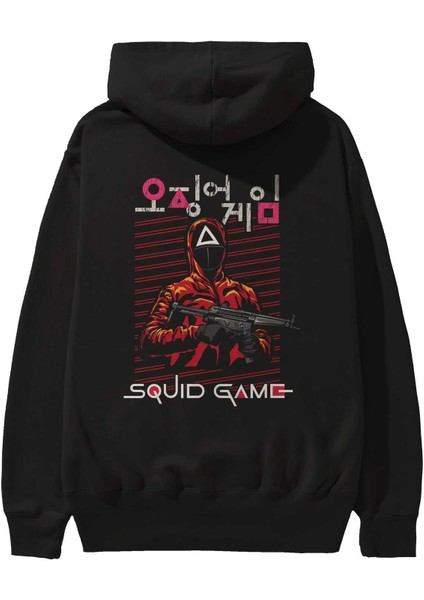 Squid Game (2) Arka Baskılı Siyah Oversize Kapüşonlu Sweatshirt Erkek Kadın