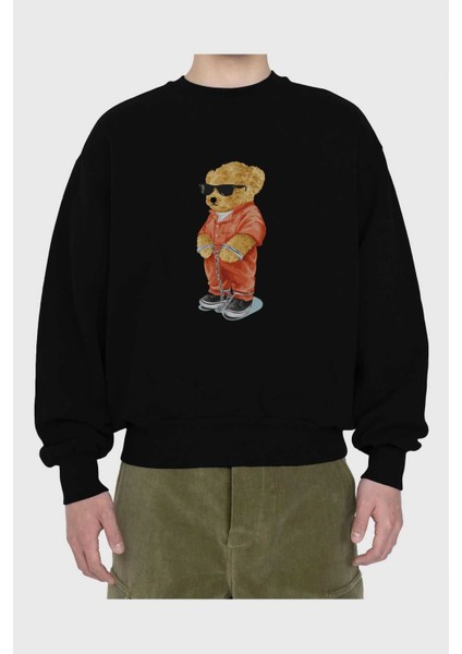 Teddy Bear Kodes Ön Baskılı Siyah Oversize Sweatshirt Erkek Kadın Bisiklet Yaka fiyatları