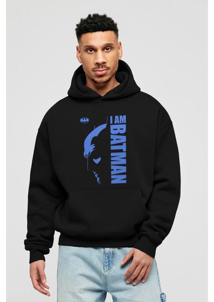 Batman (15) Ön Baskılı Siyah Oversize Kapüşonlu Sweatshirt Erkek Kadın
