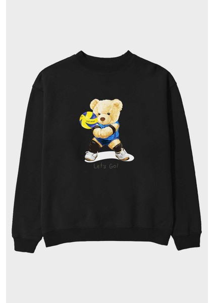 Baskılı Siyah Oversize Sweatshirt Erkek Kadın Bisiklet Yaka