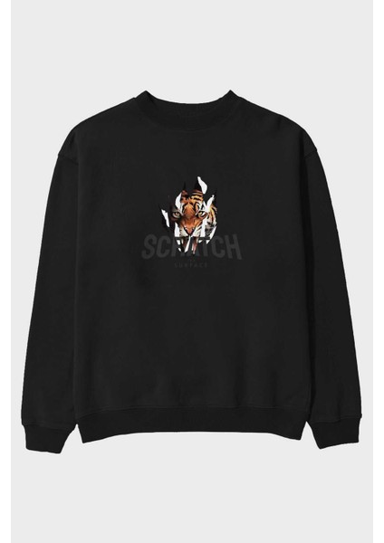 Teddy Bear Scratch Ön Baskılı Siyah Oversize Sweatshirt Erkek Kadın Bisiklet Yaka