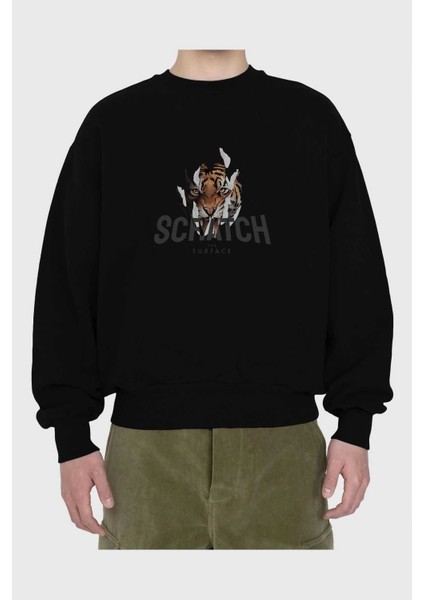 Teddy Bear Scratch Ön Baskılı Siyah Oversize Sweatshirt Erkek Kadın Bisiklet Yaka fiyatları