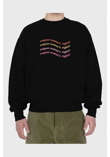 Respect Women Yazılı Ön Baskılı Siyah Oversize Sweatshirt Erkek Kadın Bisiklet Yaka fiyatları