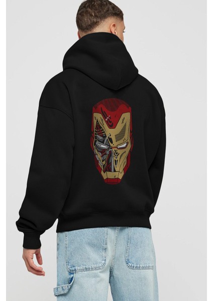 Iron Man (7) Arka Baskılı Siyah Oversize Kapüşonlu Sweatshirt Erkek Kadın
