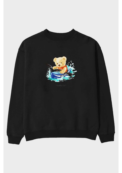 Teddy Bear Paddle Out Ön Baskılı Siyah Oversize Sweatshirt Erkek Kadın Bisiklet Yaka