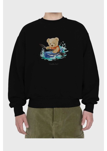Teddy Bear Paddle Out Ön Baskılı Siyah Oversize Sweatshirt Erkek Kadın Bisiklet Yaka fiyatları