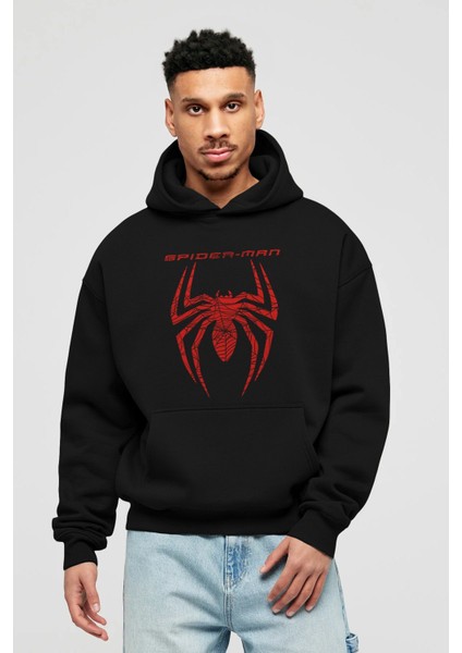 Spiderman (11) Ön Baskılı Siyah Oversize Kapüşonlu Sweatshirt Erkek Kadın