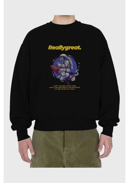 Reallygreat Astronaut Ön Baskılı Siyah Oversize Sweatshirt Erkek Kadın Bisiklet Yaka fiyatları