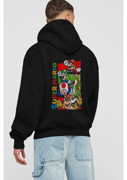 Super Mario Arka Baskılı Siyah Oversize Kapüşonlu Sweatshirt Erkek Kadın