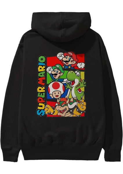 Super Mario Arka Baskılı Siyah Oversize Kapüşonlu Sweatshirt Erkek Kadın fiyatları