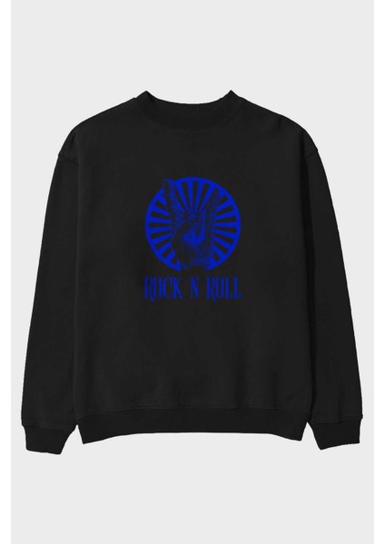 Rock N Roll Yazılı Ön Baskılı Siyah Oversize Sweatshirt Erkek Kadın Bisiklet Yaka
