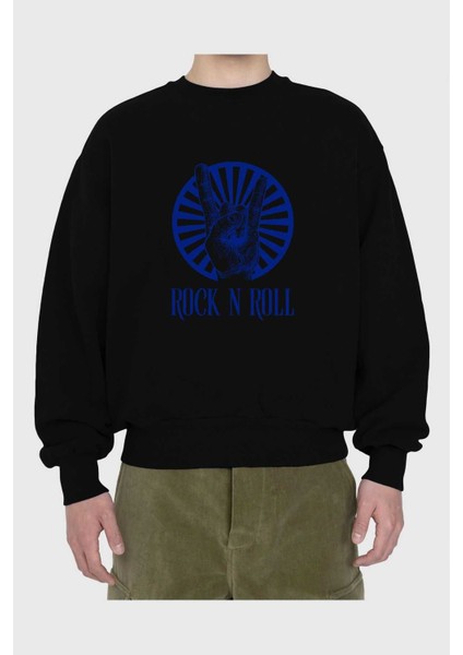 Rock N Roll Yazılı Ön Baskılı Siyah Oversize Sweatshirt Erkek Kadın Bisiklet Yaka fiyatları