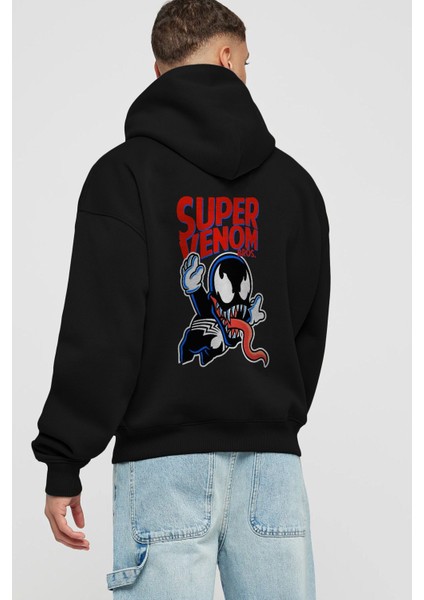 Super Venom Arka Baskılı Siyah Oversize Kapüşonlu Sweatshirt Erkek Kadın