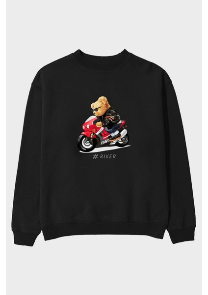 Teddy Bear Biker Ön Baskılı Siyah Oversize Sweatshirt Erkek Kadın Bisiklet Yaka