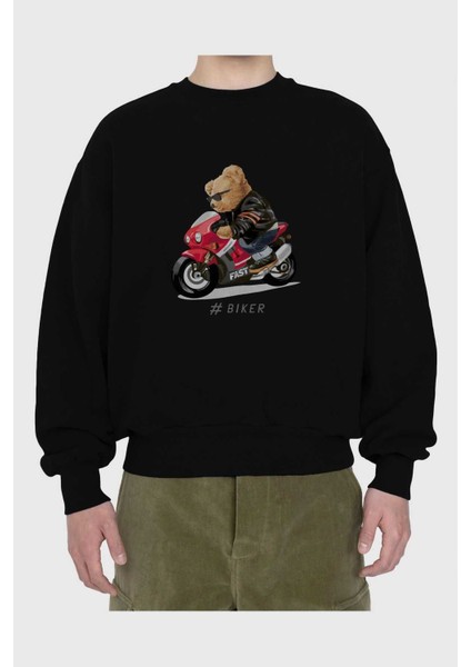 Teddy Bear Biker Ön Baskılı Siyah Oversize Sweatshirt Erkek Kadın Bisiklet Yaka fiyatları