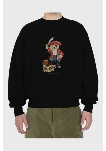Teddy Bear Treasure Hunt Ön Baskılı Siyah Oversize Sweatshirt Erkek Kadın Bisiklet Yaka