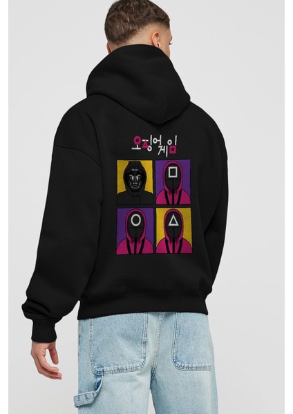 Squid Game (1) Arka Baskılı Siyah Oversize Kapüşonlu Sweatshirt Erkek Kadın
