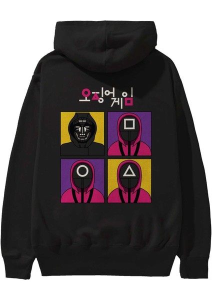 Squid Game (1) Arka Baskılı Siyah Oversize Kapüşonlu Sweatshirt Erkek Kadın