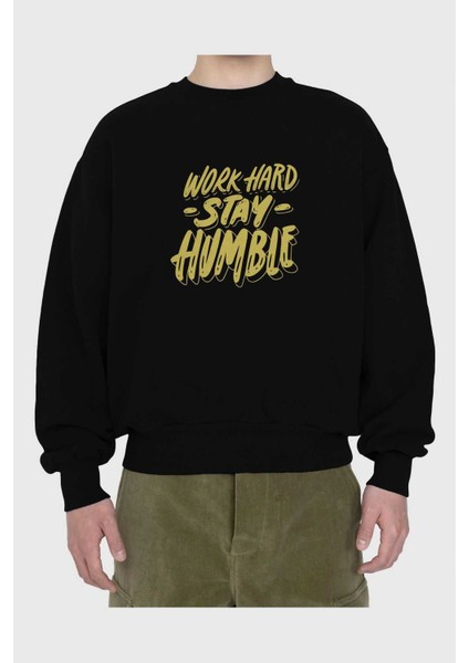 Word Hard Yazılı Ön Baskılı Siyah Oversize Sweatshirt Erkek Kadın Bisiklet Yaka fiyatları
