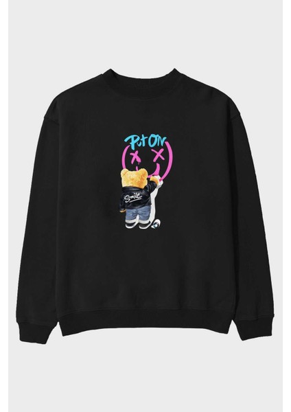 Put On Smile Bear Ön Baskılı Siyah Oversize Sweatshirt Erkek Kadın Bisiklet Yaka