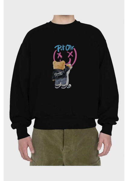 Put On Smile Bear Ön Baskılı Siyah Oversize Sweatshirt Erkek Kadın Bisiklet Yaka fiyatları