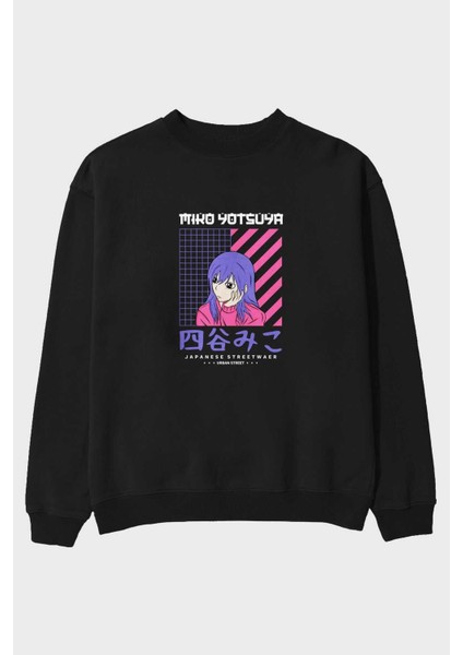Miko Yotsuya Ön Baskılı Siyah Oversize Sweatshirt Erkek Kadın Bisiklet Yaka