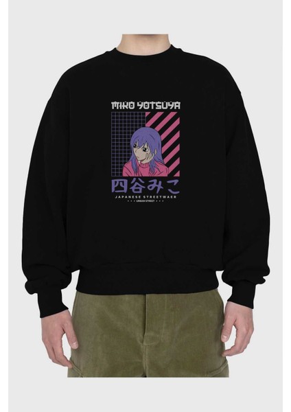 Miko Yotsuya Ön Baskılı Siyah Oversize Sweatshirt Erkek Kadın Bisiklet Yaka fiyatları