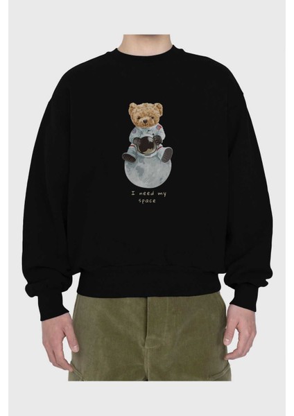 Teddy Bear I Need My Space Ön Baskılı Siyah Oversize Sweatshirt Erkek Kadın Bisiklet Yaka fiyatları