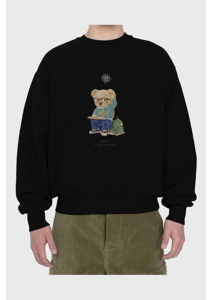 Teddy Bear Just Stay Curious Ön Baskılı Siyah Oversize Sweatshirt Erkek Kadın Bisiklet Yaka fiyatları